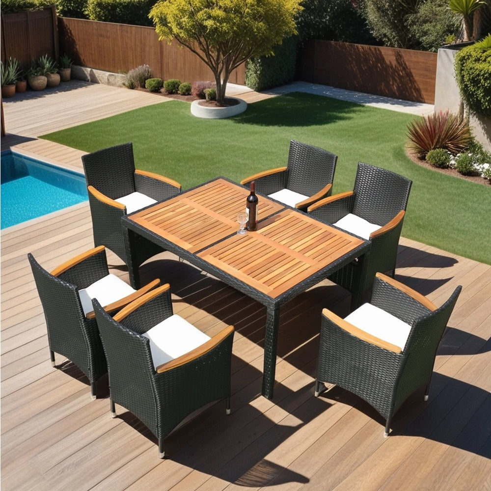 English Elm Eelifee 7-Piece Outdoor Wicker Dining Set With Acacia Wood Top - Stylish, Durable, And Comfortable! W329S00006
