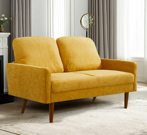 English Elm Velvet Upholstered Two Seat Loveseat with Tapered Wood Legs Mid Century European Style Mustard Yellow B2735P291962