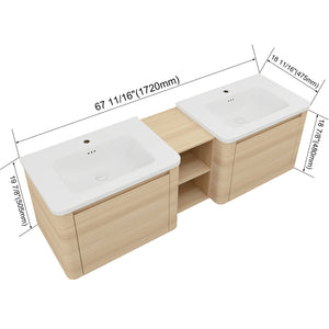 English Elm 68'' Wall-Mounted Vanity with White Ceramic Sink, Plywood Shelves, Soft-Close Door, Rounded Edge Design and Water-Resistant Melamine Finish W999S00484