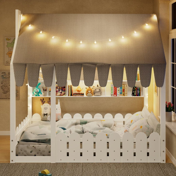 English Elm {slats Are Not Included} Twin Montessori House Floor Bed Kids Tent Lights Shelves Pinewood Frame White N708P407963K