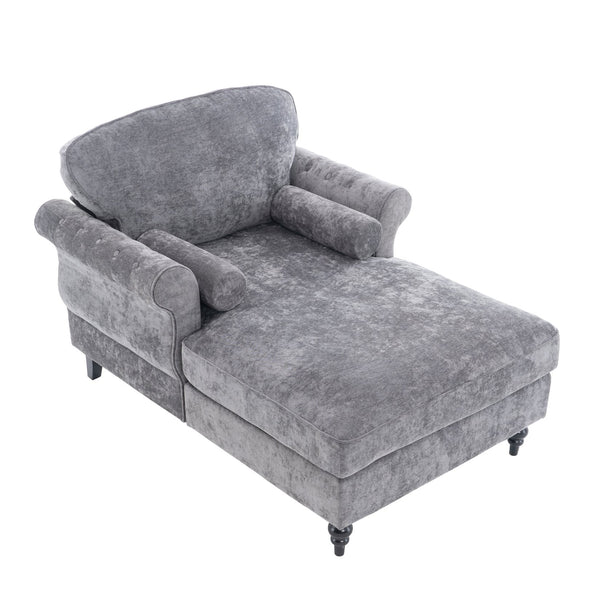 English Elm [New] Oversized Chaise Lounge Indoor Chenille Sleeper Recliner Armchair with Wide Foam Seat & Pillows DARK GREY W2363S00085