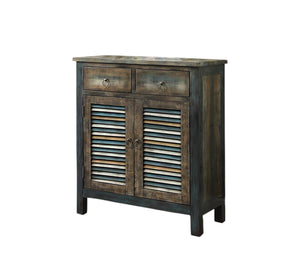 English Elm Glancio Antique Oak & Teal Console Cabinet with 2 Drawers, Shutter Doors, Bronze Pulls, Rustic Charm B2726P251800