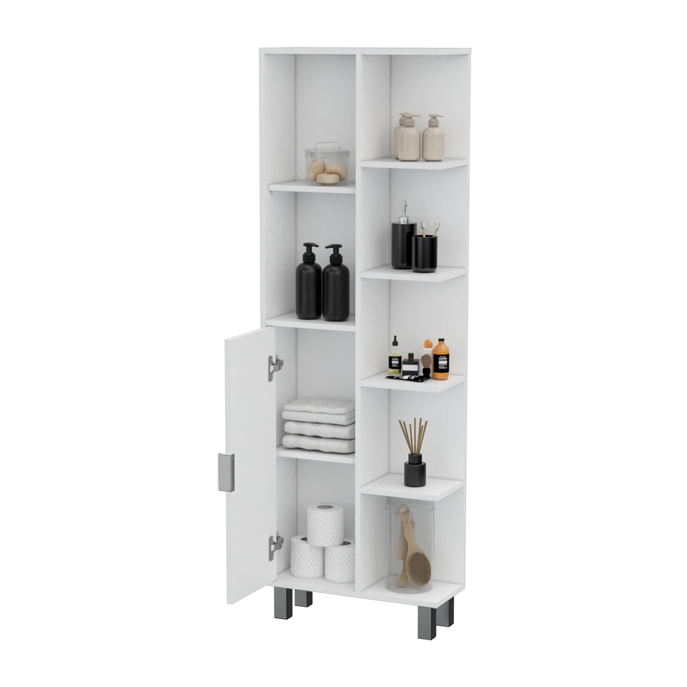 English Elm FM FURNITURE Quimby Linen Cabinet White – 1 Door, 9 Shelves, Durable Particleboard, Easy Assembly, Timeless Bath Storage B128P321052