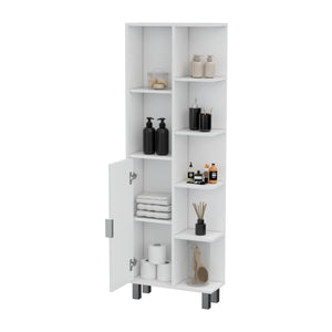 English Elm FM FURNITURE Quimby Linen Cabinet White – 1 Door, 9 Shelves, Durable Particleboard, Easy Assembly, Timeless Bath Storage B128P321052