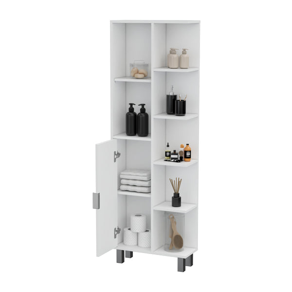 English Elm FM FURNITURE Quimby Linen Cabinet White – 1 Door, 9 Shelves, Durable Particleboard, Easy Assembly, Timeless Bath Storage B128P321052
