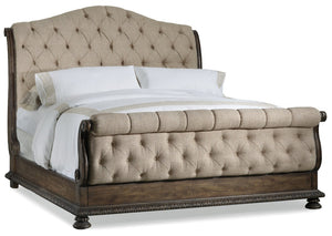 Hooker Furniture Rhapsody King Tufted Bedframe With Aurora Ecru Upholstery, Walnut Rustic Finish & Carved Acanthus Details 5070-90566