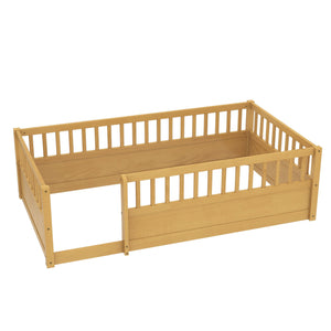 English Elm Twin Montessori Floor Bed Frame for Kids – Pine Playroom Bed with Fence for Reading & Imaginative Play Natural W1580P307880
