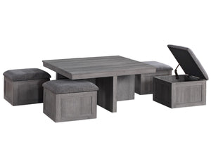 English Elm Montalbano Square Coffee Table with Four Nesting Wheeled Ottoman Storage Stools Light Gray B2749P413274