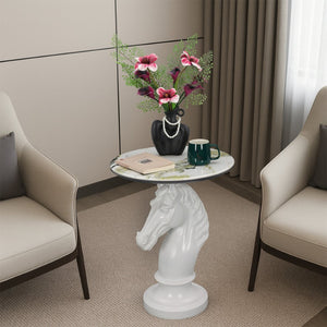 English Elm Horse Head Sculpted Resin End Table with Faux Marble Top for Bold Living Rooms White W5398P454678