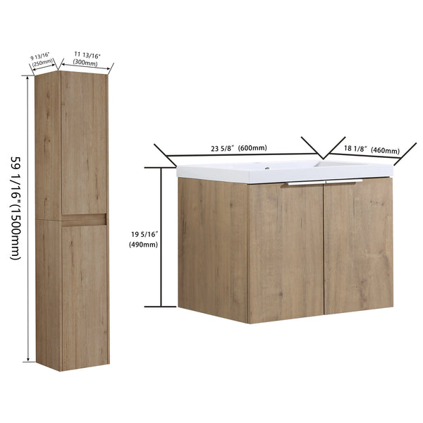 English Elm 24" Wall-Mounted Bathroom Vanity Set With Soft Close Doors, Resin Sink & Side Cabinets For Storage W999S00221