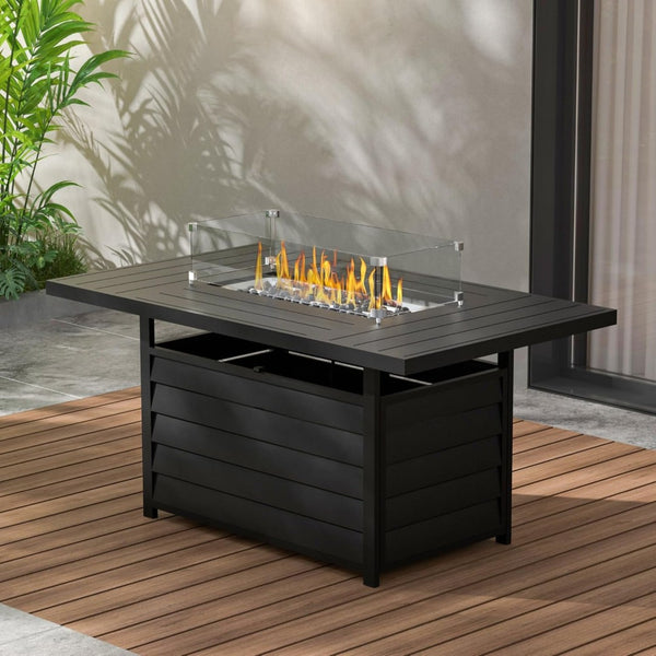 English Elm 54.3 Inch Aluminum Rectangular Propane Fire Table with Convertible Lid for Patio Black B082S00072