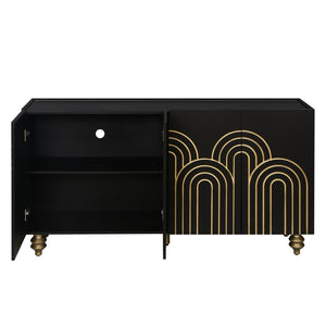 English Elm Modern Fluted Four Door Sideboard Matte Black Glam Cabinet with Gold Accent Feet W1445P256479