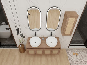 English Elm 48" Floating Bathroom Vanity Oak Finish Dual Ceramic Sinks Four Soft Close Doors W999S00498
