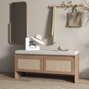 English Elm PP Rattan bench with cushion and hidden shoe storage, linen seat, dust‑protected interior, natural finish W808P316354