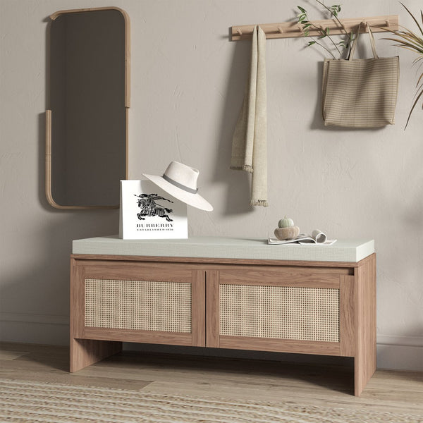 English Elm PP Rattan bench with cushion and hidden shoe storage, linen seat, dust‑protected interior, natural finish W808P316354