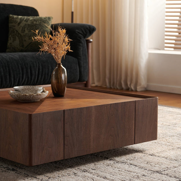 English Elm 35.4-inch Square Coffee Table Walnut Grain Finish Steel Base with Two Storage Drawers W5098P421427