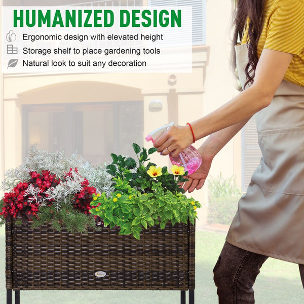 English Elm Outsunny Elevated Pe Rattan Planter Box with Tool Shelf for Herbs and Vegetables W2225P174037