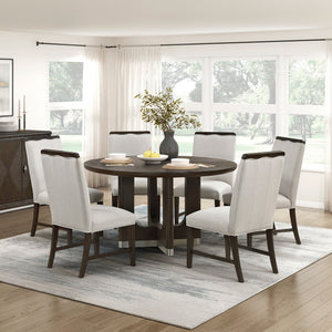 English Elm Modern 7-Piece Round Dining Set With Beige Upholstered Chairs & Metallic Accents - Stylish & Durable B011S01899