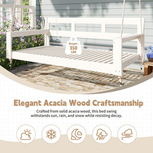 English Elm TOPMAX Acacia Wood Twin Porch Swing Bed Frame with High Back, 350lb Capacity & 118" Hemp Ropes White N717P265795K