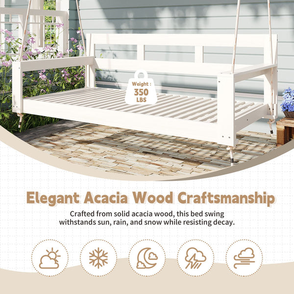 English Elm TOPMAX Acacia Wood Twin Porch Swing Bed Frame with High Back, 350lb Capacity & 118" Hemp Ropes White N717P265795K