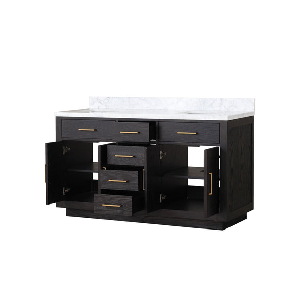 English Elm Black Oak Double Bath Vanity With Carrara Marble Top - Elegant 60” W X 22” D, Fully Assembled Quality B2731P260834