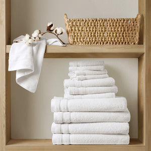 JLA Home Comfort Spaces - Quick Quick Dry 100% Cotton 12pc Towel Set Plush 400 GSM Oeko‑Tex Softness Fast Absorbency Durable Fade-Resistant White AM73-0242
