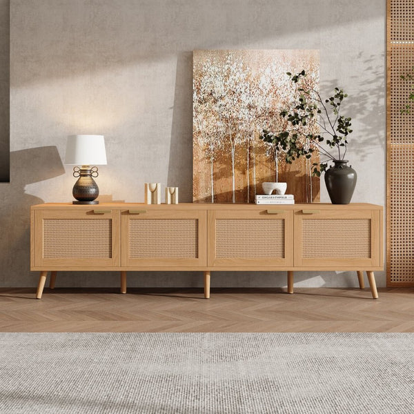 English Elm 70inch Rattan Door Media Console with Pine Legs and Cable Management for Living Room N710P365049P