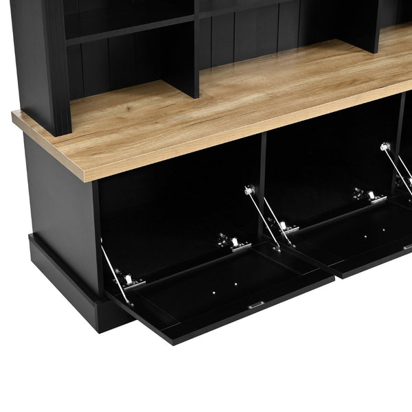 English Elm Farmhouse Hall Tree with Triple Arch Back Panel Eight Hooks Drawers and Entryway Bench Black N721S000062B