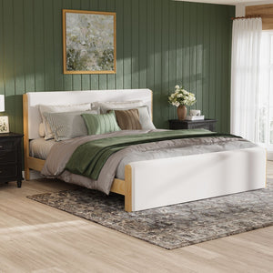English Elm King Platform Bed Natural Wood Frame Beige Upholstered Low Profile No Box Spring N758K909697N