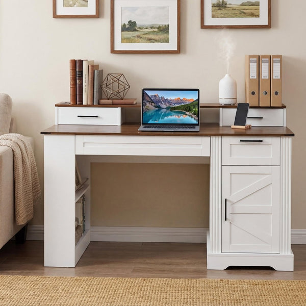 English Elm 55" Farmhouse Writing Desk with Cabinet Charging Station Pegboard and Monitor Stand White W2917S00008