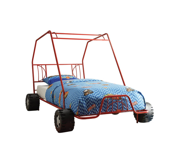 English Elm Red Go Kart Bed Twin Metal Frame in Go Kart Red — 18" Footboard, 8 Slats Support, 8" Clearance, Durable Fun décor (Twin) B062S00514