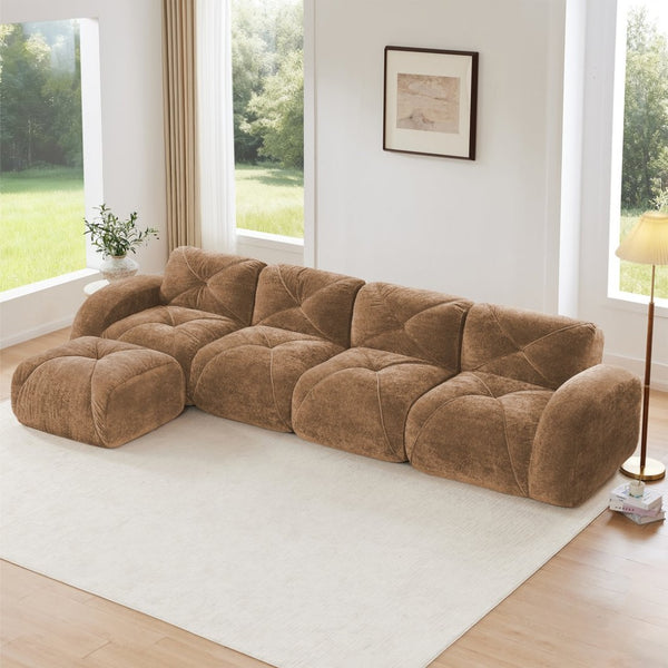 English Elm L-shaped Modular Velvet Sectional Tufted Cloud Sofa with Ottoman for Living Room Camel W714S01601