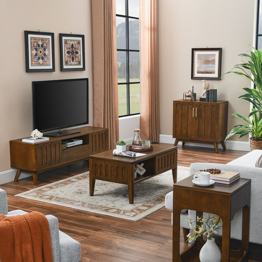 English Elm Mid Century Modern Fluted Sideboard Cabinet - Stylish Walnut Buffet With Adjustable Storage Shelves W1801P195608