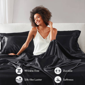 English Elm 7 Luxury Split King 7-Piece Black Satin Sheet Set – 100% Polyester, Deep Pockets, Silky Smooth Feel B035P319698