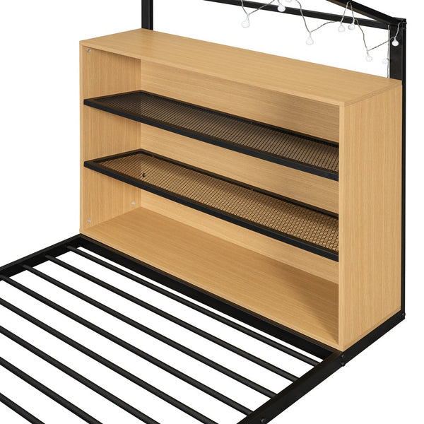English Elm Twin House Bed Frame with Shelves & Built-In Lights, Metal-Wood Design for Creative Kids' Rooms Black N737P176708B