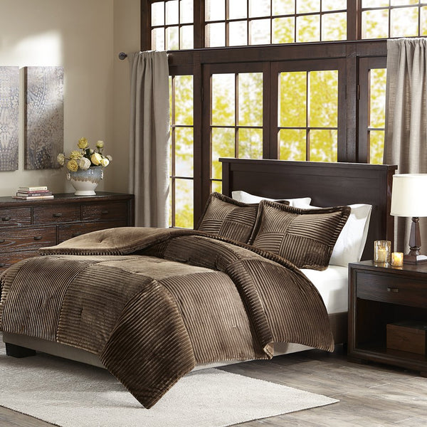 JLA Home Madison Park - Plush Parker Down Alternative Comforter Set with Ribbed Plush Face, Hypoallergenic, Machine Washable Brown BASI10-0422