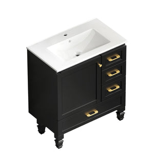 English Elm 30"black Matte Finish Bathroom Vanity with Soft Close Cabinet and Three Storage Drawers Black W3133S00018