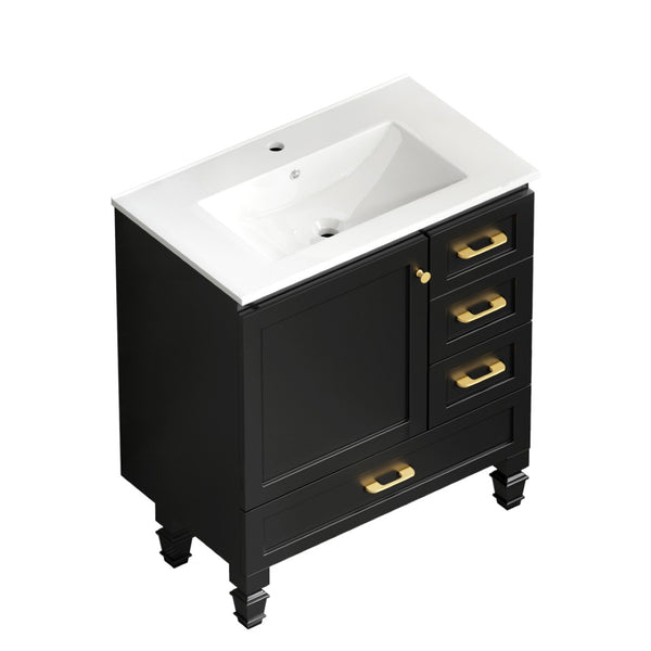 English Elm 30"black Matte Finish Bathroom Vanity with Soft Close Cabinet and Three Storage Drawers Black W3133S00018