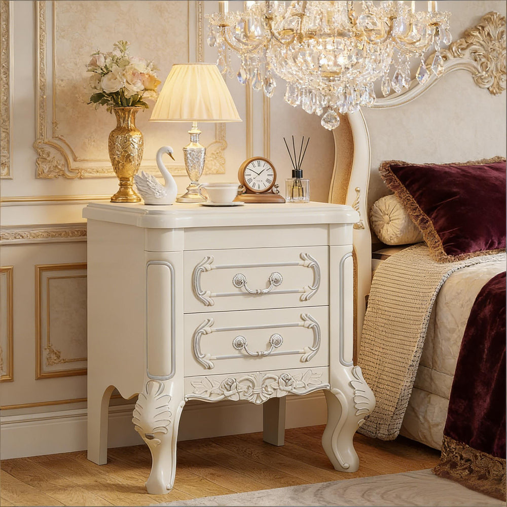 English Elm Elegant Hand-carved Nightstand with Silver Painted Edges and Two Drawer Storage T3971P458373