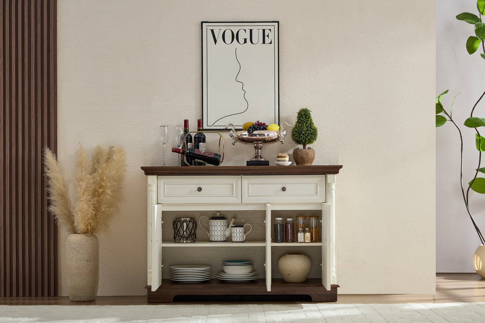 English Elm Farmhouse Large Wall Storage Cabinet - Roman Column Design, Versatile Coffee Bar & Wine Cooler Stand W2393P300539