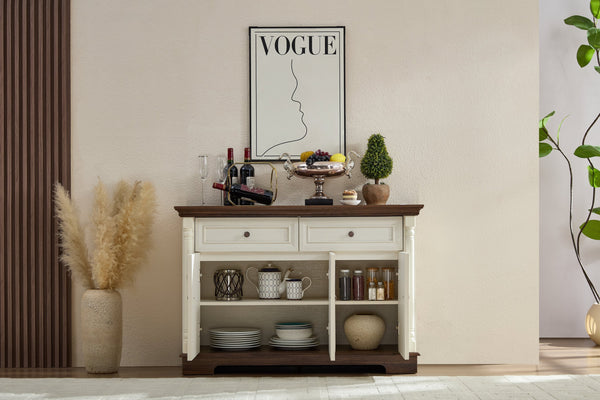 English Elm Farmhouse Large Wall Storage Cabinet - Roman Column Design, Versatile Coffee Bar & Wine Cooler Stand W2393P300539