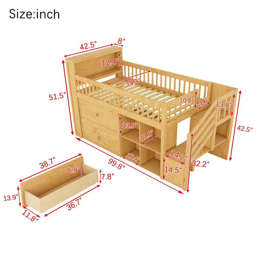 English Elm Twin Loft Bed with Built-In Stairs, Shelves, Hanging Rod & 2 Drawers for Space-Saving Kids Room Natural 45.87 L x 18.5 W x 10.83 H W2593S00005