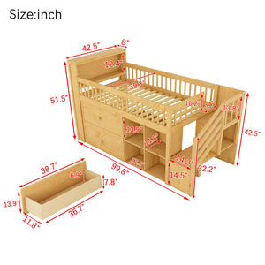 English Elm Twin Loft Bed with Built-In Stairs, Shelves, Hanging Rod & 2 Drawers for Space-Saving Kids Room Natural 45.87 L x 18.5 W x 10.83 H W2593S00005