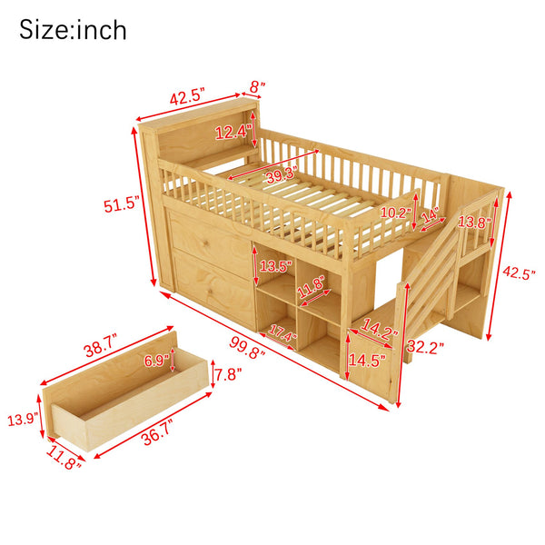 English Elm Twin Loft Bed with Built-In Stairs, Shelves, Hanging Rod & 2 Drawers for Space-Saving Kids Room Natural 45.87 L x 18.5 W x 10.83 H W2593S00005