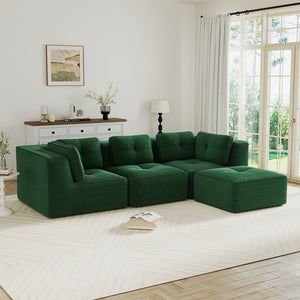 English Elm Modern Corduroy Sectional Sofa Tufted Deep Seat Couch with Movable Ottoman No Assembly Green W714S01796