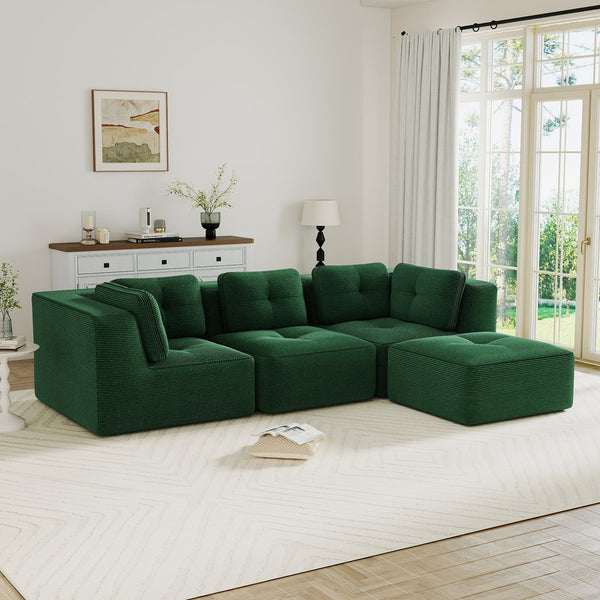 English Elm Modern Corduroy Sectional Sofa Tufted Deep Seat Couch with Movable Ottoman No Assembly Green W714S01796