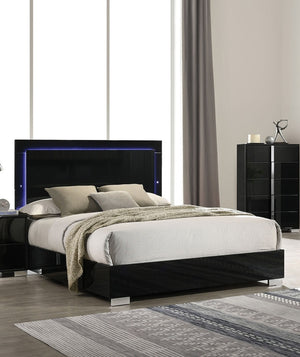 English Elm Contemporary Queen Size Bed With Led Headboard - High-Gloss Piano Black Finish For Modern Bedrooms B2741S00079