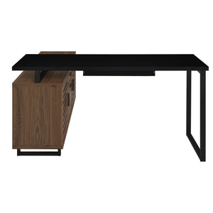 English Elm Rodger Black and Walnut L-Shape Computer Desk with Credenza, Slatted Doors, Drawers, Spacious Workstation B062P378334