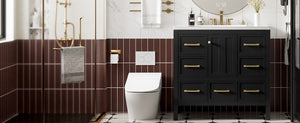 English Elm 36'' Bathroom Vanity with Resin Sink, Solid Wood Frame, 5 Drawers, Soft-Close Doors, Gold Knobs, Spacious Storage Black SW000142AAB-1