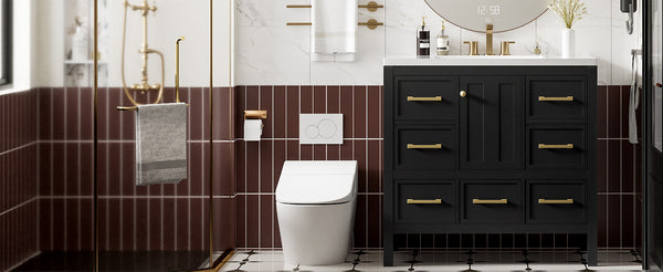 English Elm 36'' Bathroom Vanity with Resin Sink, Solid Wood Frame, 5 Drawers, Soft-Close Doors, Gold Knobs, Spacious Storage Black SW000142AAB-1